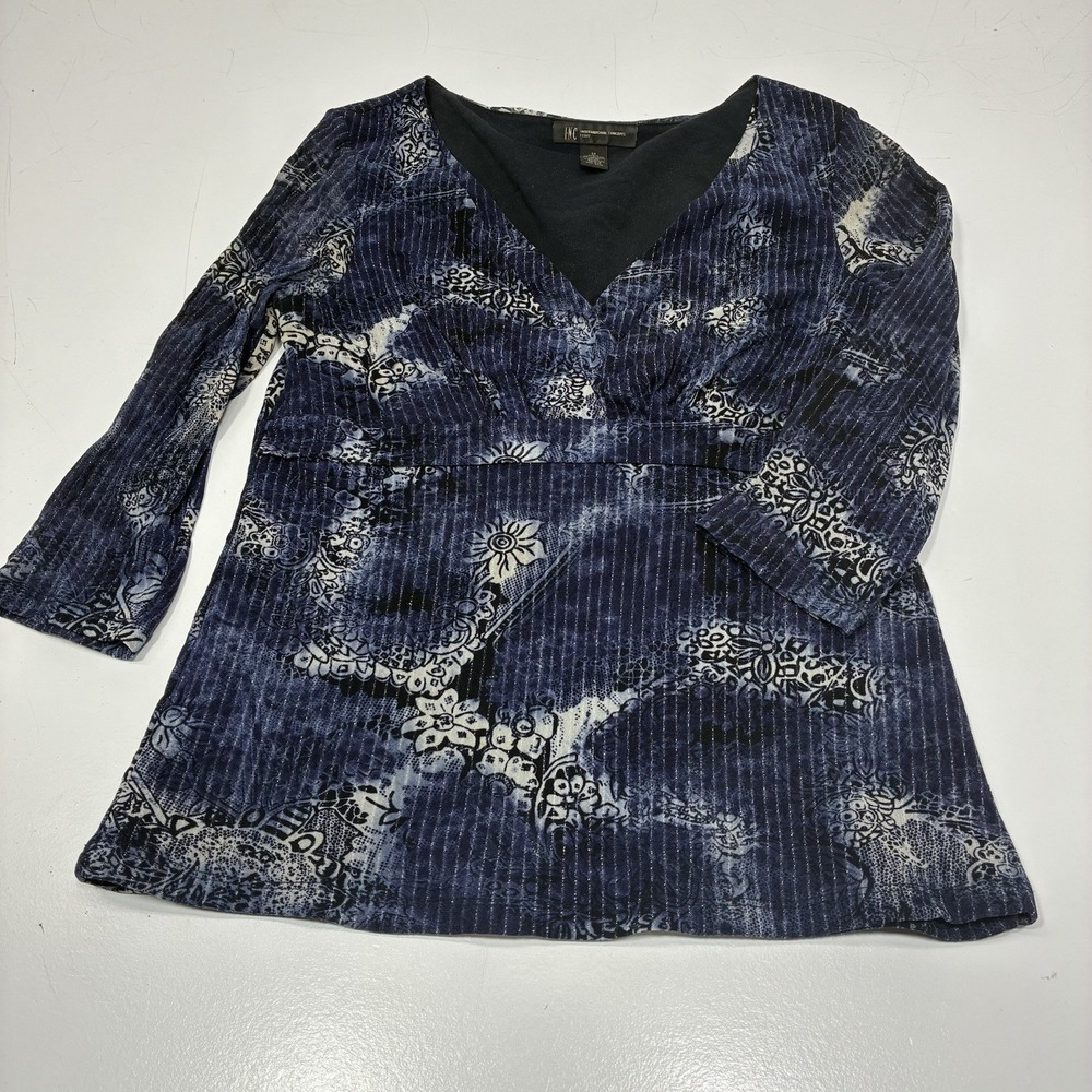 INC Internacional Concepts  Womens blouse Blue Boho Print V-beck‎ Size MP Y2K